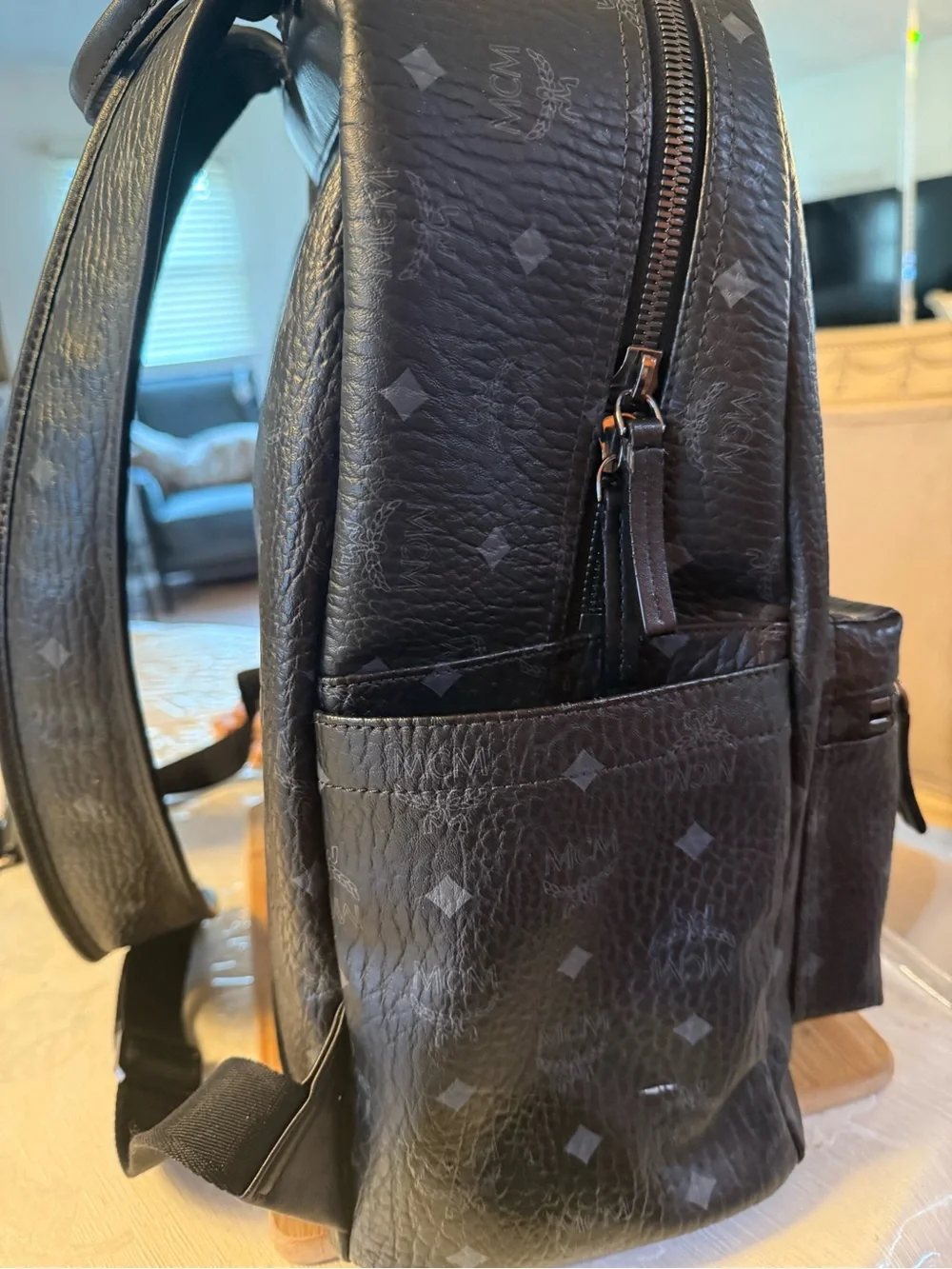 MCM Stark Visetos Backpack in black, featuring the signature Visetos monogram